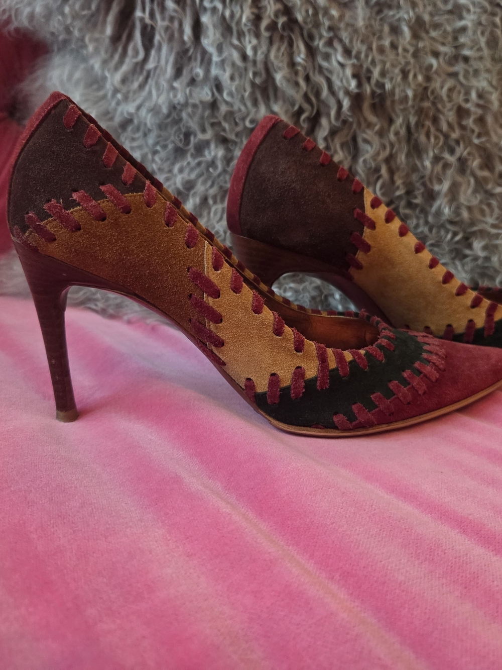 Dolce & Gabbana Vintage Suede Patchwork Heels 37.5 - Picture 2 of 8